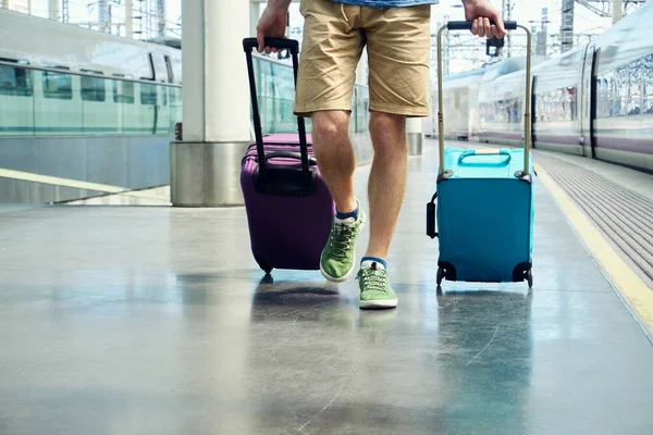 Viaggiatore con una valigia che va lungo i vagoni ferroviari alla stazione ferroviaria. Foto Stock