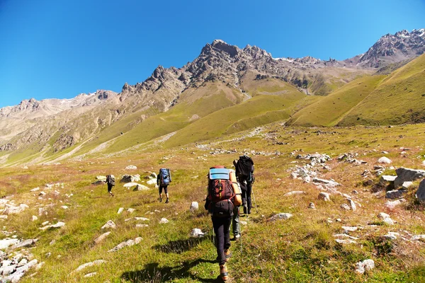 在山中徒步旅行者的组 — 图库照片