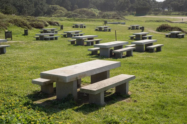 Mange bænke og stenborde i en park - Stock-foto