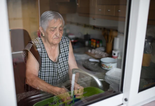 Yaşlı kadın bulaşık — Stok fotoğraf