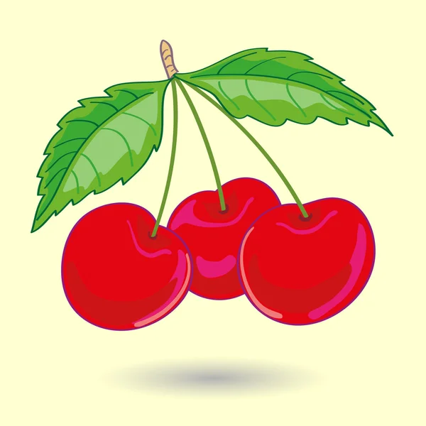 Tres cerezas con hojas — Vector de stock