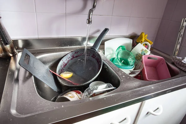 Dirty Dishes Wash Kitchen Sink Natural Light — Stock Photo, Image