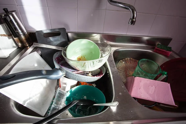 Dirty Dishes Wash Kitchen Sink Natural Light — Stock Photo, Image