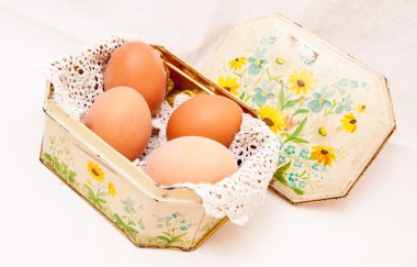 Eski püskü bir teneke kutu içinde haşlanmış yumurta .