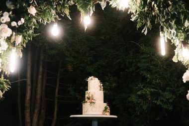 Lüks düğün, çiçeklerle süslenmiş beyaz pasta, arka planda gece çekilmiş fotoğraf.