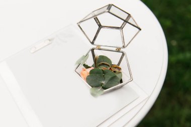 Cam bir kutuda evlilik yüzükleri kayıt töreni için hazırlanır ve çiçeklerle süslenir.