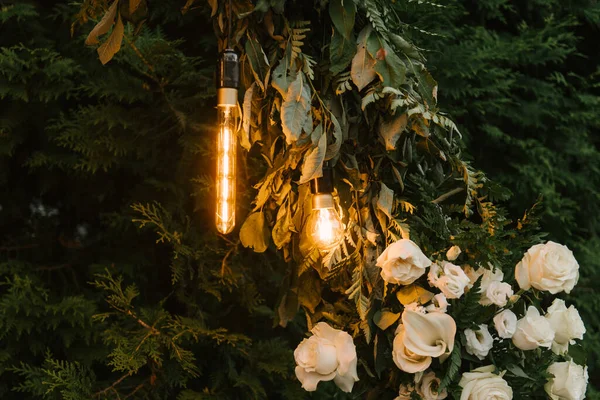 Hermoso Arco Bodas Con Luces Retro Decoradas Con Flores Nocturnas —  Fotos de Stock