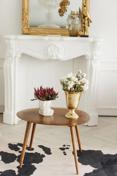 Stylish Modern Interior Bright Living Room Fireplace Vintage Mirrors — Stock Photo, Image