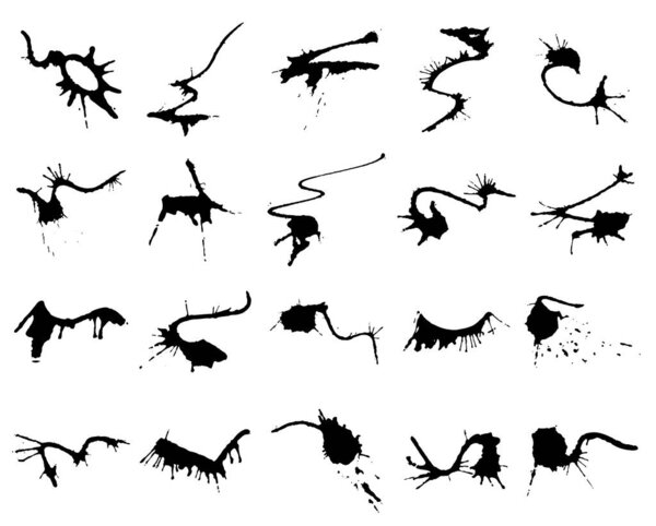 Set of black dirty calligraphy ink strokes on white background. Grunge splatter strokes. High quality vector illustration with hand traced ink. Eps10 vector.