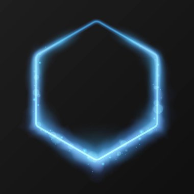 Parlayan pırıltılarıyla altıgen çerçeve. Sihirli bulutlar neon etkisi. Neon çerçeve efekti, arka planda Bokeh ile parlayan parıltılar. Eps10 vektörü
