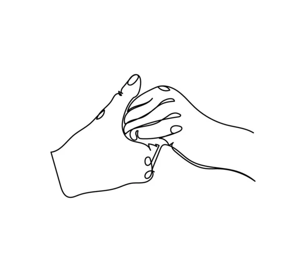 Male hand holding female hand one line art. Continuous line drawing of gesture, hand. — Stock Vector