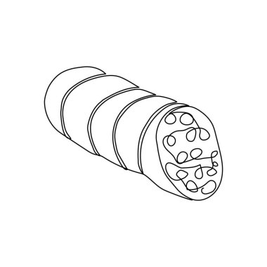 Haşlanmış sosis aralıksız çizim. Bir sıra et ürünleri sanatı, yağlı sosis, yarı bitmiş ürün..