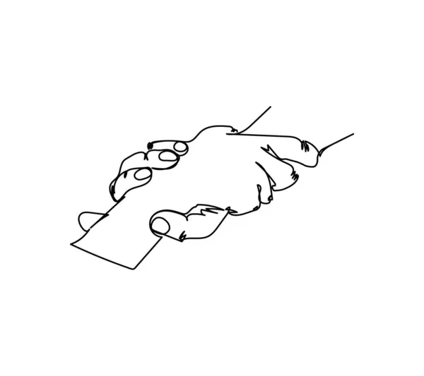 Segure-se aos pulsos gesto uma linha de arte. Desenho de linha contínua de gesto, mão, mão de ajuda, suporte. —  Vetores de Stock