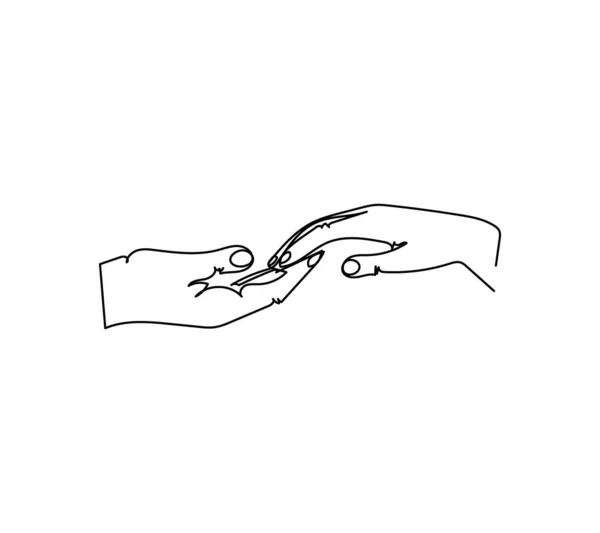 手を1行の芸術を保持するロマンチックなジェスチャー。ジェスチャー、手、救助、ジェスチャーを支援する継続的な線画. — ストックベクタ