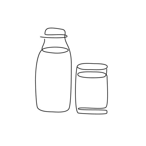 Botol dengan segelas susu terus menerus menggambar garis. Satu garis seni susu, susu, susu, kefir, fermentasi susu panggang, ayran, kaca, kendi. - Stok Vektor