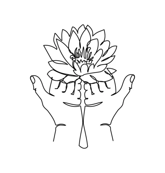 Offene Palmen mit Lotus einzeiliger Kunst. Kontinuierliche Linienzeichnung von Geste, Hand, Geste und Blume. — Stockvektor