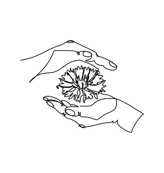 Two hands hold cornflower one line art. Continuous line drawing of gesture, hand and flower. — Stock Vector