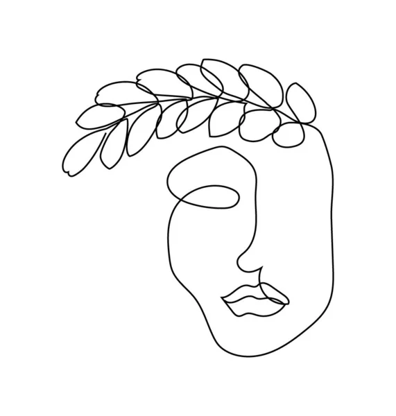 Rosto de mulher com desenho de linha contínua de ramo ficus. Uma linha de arte da abstração silhueta feminina com plantas. — Vetor de Stock