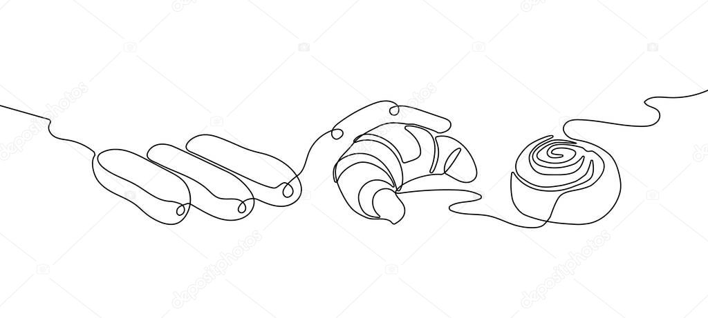Pastries, sweet buns one line set art. Continuous line drawing of eclairs, croissant, cinnabon. Hand drawn vector illustration, line tattoo.