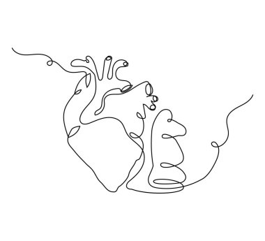 İnsan kalbi ve satranç şövalyesi bir satır sanatı. İç organ ve satranç taşının sürekli çizimi.