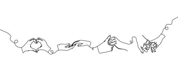 Los gestos de la mano una línea establecen el arte. Línea continua dibujo de gesto, amor, amistad, amor, apoyo, como. — Vector de stock