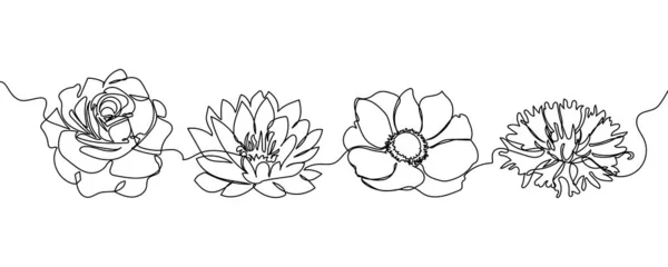 Flores una línea de arte conjunto. Dibujo en línea continua de plantas, flores, flores, naturaleza, loto, rosa, anémona, aciano. — Vector de stock