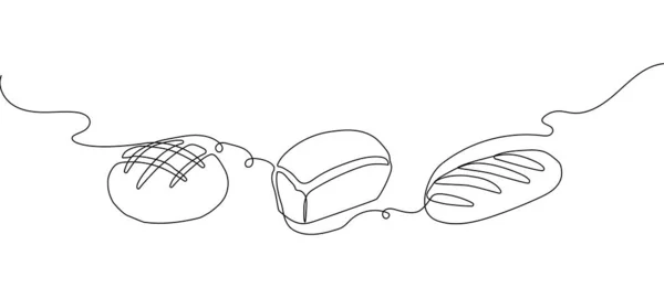 Productos horneados una línea de arte conjunto. Dibujo continuo de la línea de pan, pan de centeno, ladrillo. — Archivo Imágenes Vectoriales