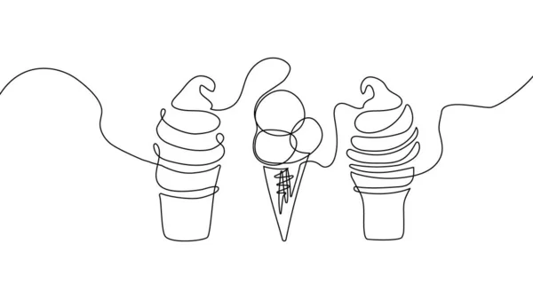 アイスクリームサンデー連続線画セット。乳製品、牛乳製品、食品の1つのラインアート. — ストックベクタ