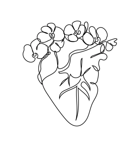 Human heart with a wreath of orchids one line set art. Continuous line drawing of internal organ and flowers. — Stock Vector