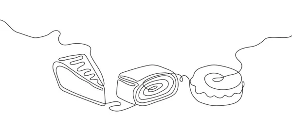 Gebäck, süße Brötchen eine Zeile gesetzt Kunst. Kontinuierliche Linienzeichnung von Käsekuchen, Kuchen, Strudel, Donut. — Stockvektor