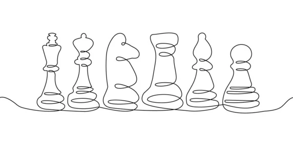 Schachfiguren eine Linie Set Art. Kontinuierliche Linienzeichnung von Bauer, Bischof, Ritter, Rook, Königin, König. — Stockvektor
