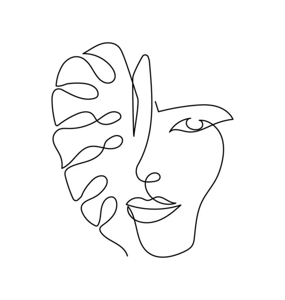 Cara de mulher com desenho de linha contínua de folha monstera. Uma linha de arte da abstração silhueta feminina com plantas. — Vetor de Stock