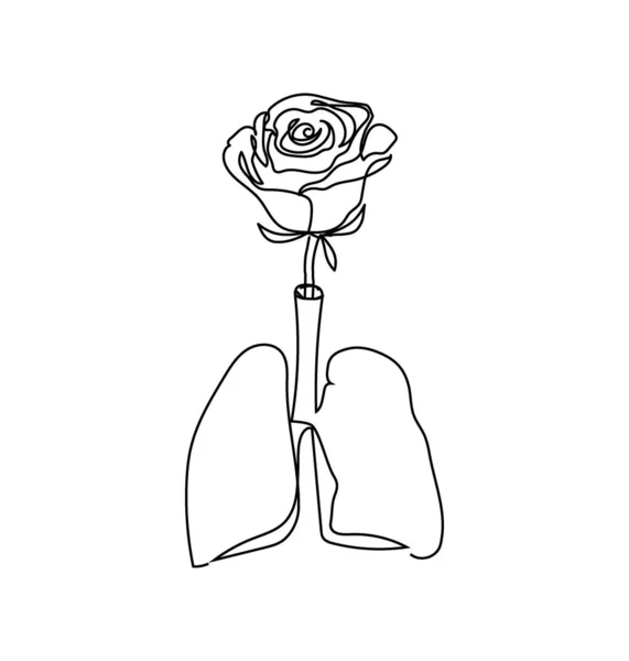 Human lungs with a rose one line set art. Continuous line drawing of internal organ and flowers. — Stock Vector