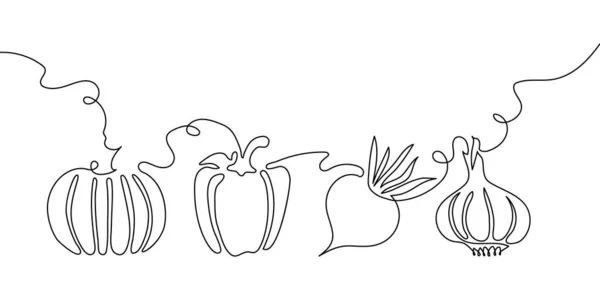 Hortalizas de una línea. Dibujo continuo en línea de calabaza, pimiento, remolacha, ajo. — Vector de stock