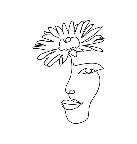 Face feminina com camomila, desenho linha contínua margarida. Uma linha de arte de mulheres silhueta abstração com flor. — Vetor de Stock