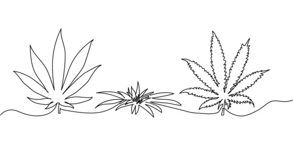 Cannabis herbs continuous line drawing set. One line art of hemp leaves, herb, plants, drug. — Stock Vector