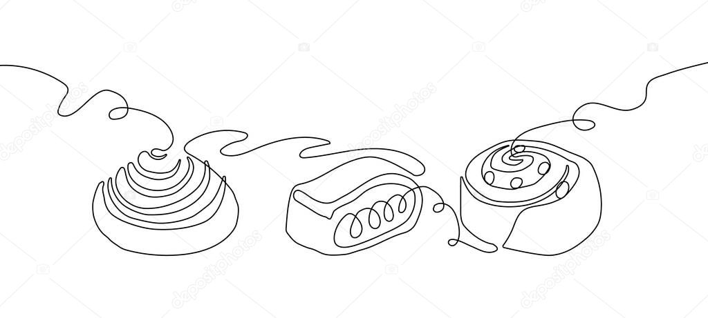 Pastries, sweet buns one line set art. Continuous line drawing of pretzel, strudel, cinnabon, bun. Hand drawn vector illustration, line tattoo.