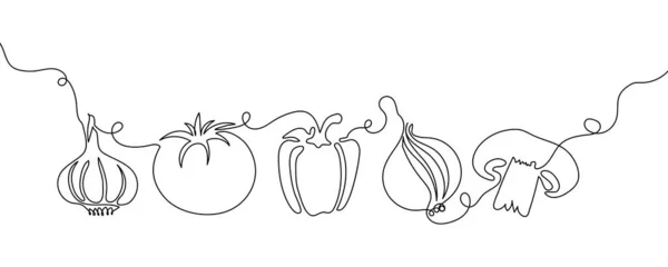 Hortalizas de una línea. Dibujo continuo en línea de ajo, tomate, pimiento, cebolla, champiñones. — Vector de stock