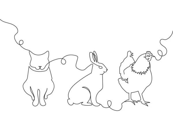 国内動物1ラインセット。猫、ウサギ、ウサギ、鶏の連続線画. — ストックベクタ