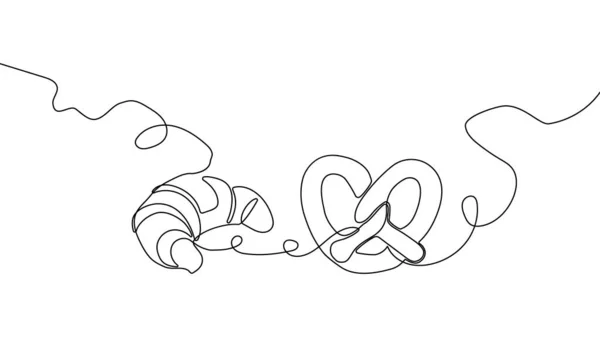 Pastries, sweet buns one line set art. Continuous line drawing of pretzel, croissant. — Stock Vector