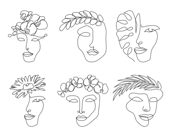 Rostos femininos com plantas linha contínua desenho conjunto. Uma linha de arte de mulheres silhueta abstração com flores, ervas. — Vetor de Stock