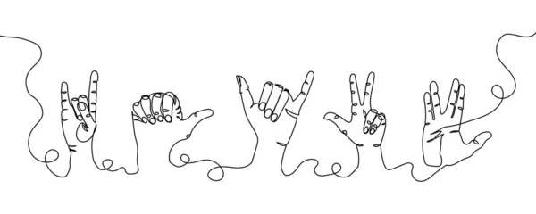 Ручные жесты в один набор искусства. Непрерывное рисование линии козьего жеста, приветствия, звонка, музыки. — стоковый вектор