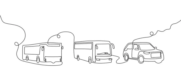 Transport public et personnel ensemble de dessin en ligne continue. Un art de ligne de trolleybus, navette, auto, crossover, quatre par quatre. — Image vectorielle
