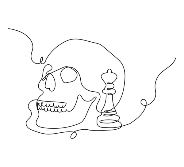 Crânio humano com xadrez rainha uma linha set art. Desenho de linha contínua de esqueleto e peça de xadrez. — Vetor de Stock