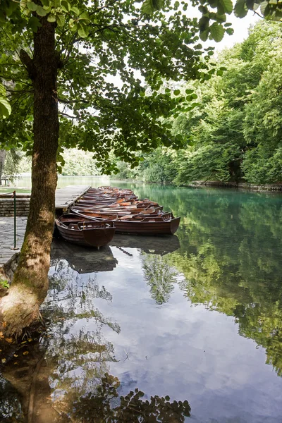 Човни, стоячи на лаві підсудних у озера - Плітвицькі (Хорватія) Ліцензійні Стокові Зображення