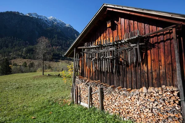 Huinzen Secando Racks Pendurados Galpão Madeira Hinterstein Allgau Baviera Alemanha — Fotografia de Stock
