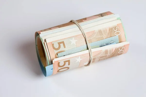 Roll Money Rubber Band Multiple Bank Notes Euros — Stock Photo, Image