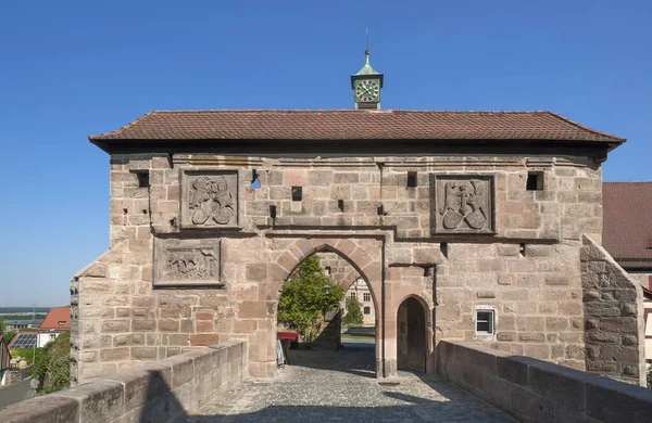 Castle gate with two coats of arms, Castle Cadolzburg, Cadolzburg, Middle Franconia, Bavaria, Germany, Europe