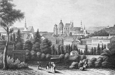 Historic cityscape, steel engraving, Aachen 1835, Germany, Europe clipart