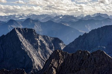 View from Zugspitze towards Tyrol, Hochwand and Plattspitzen, Schrankogel in Stubai Alps behind, Wetterstein, Upper Bavaria, Bavaria, Germany, Europe clipart